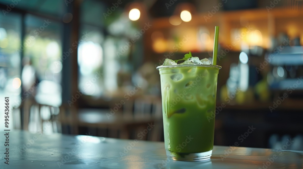 View of a chilled matcha beverage in a cafe or kitchen setting View of a chilled matcha beverage in a cafe or kitchen setting