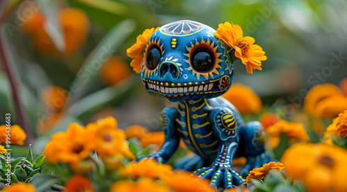 Blue and Yellow Sugar Skull Illustration in a Field of Orange Flowers