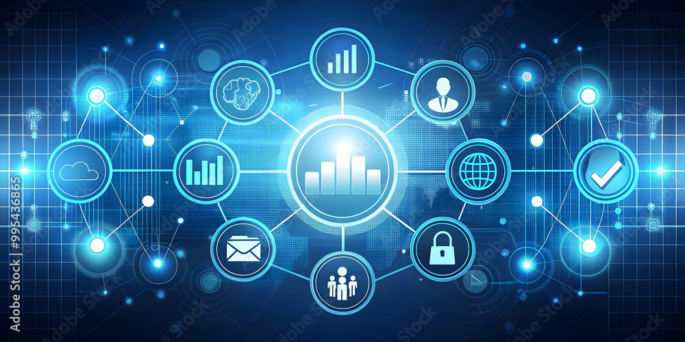 Futuristic Flat Glowing Abstract Background with Merging Data Icons and Acquisition Symbols for Business Mergers and Corporate Integration Marketing