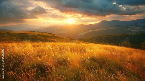 Sunlit mountain meadow with golden grass highlighted by the setting sun on a summer day
