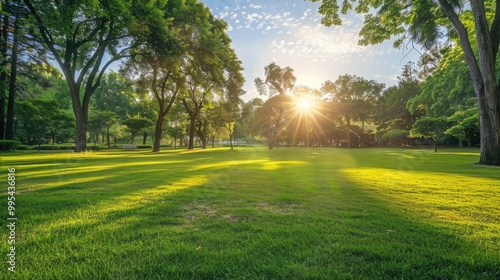 Fototapeta Naklejka Na Ścianę i Meble -  Sunlight shining through trees on a grassy park meadow