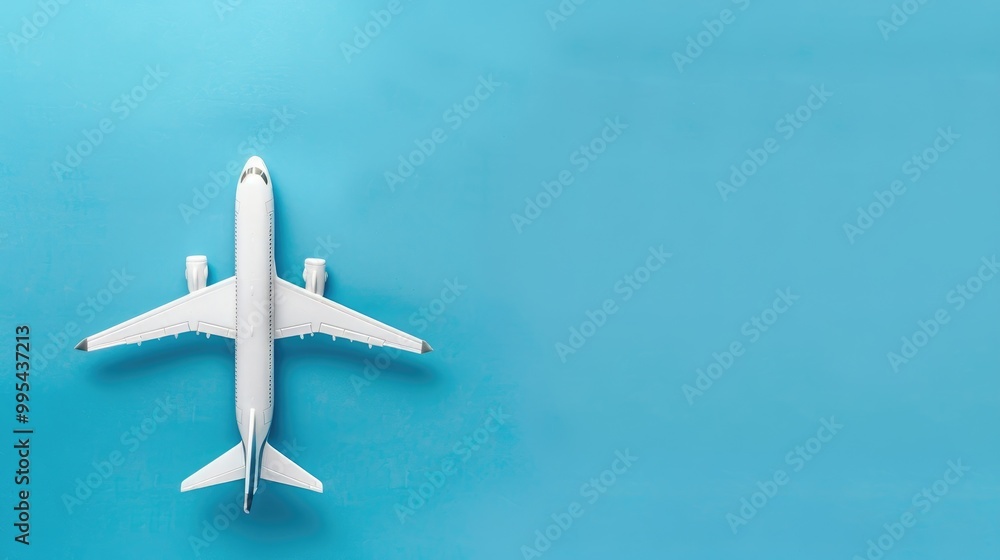 White airplane model and empty frame from above on blue backdrop White airplane model and empty frame from above on blue backdrop