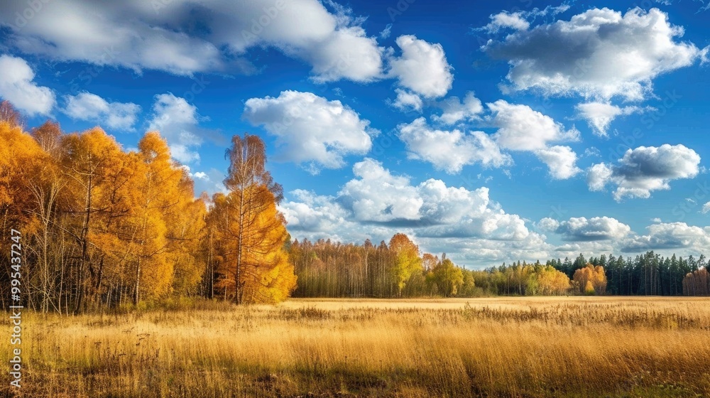 Fototapeta premium Sunny day view of autumn forest and field with clouds