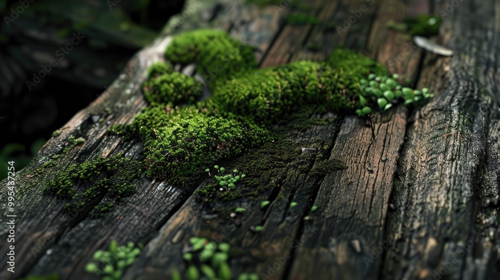 Green moss growing on aged timber Green moss growing on aged timber