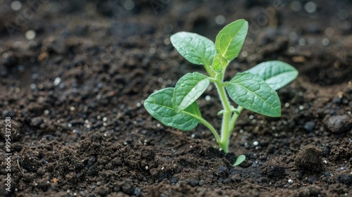 Growing young plant on green soil backdrop Horizontal orientation Front facing