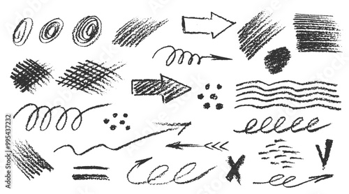 Charcoal pencil hand drawing curly lines, splash, squiggles and shapes. Black elements on white background. Grunge chalk crayon scribbles doodles textures. Rough crayon strokes. Vector illustration
