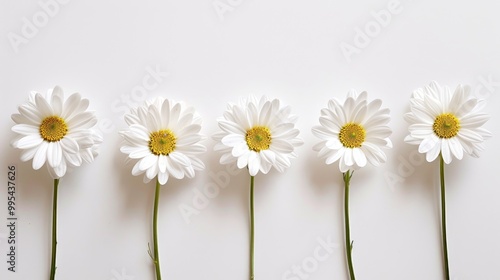 White daisies in a row on a white table from a high angle view