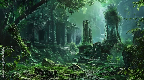Fantasy landscape with green trees and meadow
