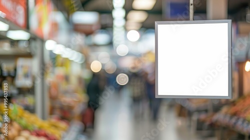 White sign near food store in mall for concept ad promo Focus on sign with blurry background