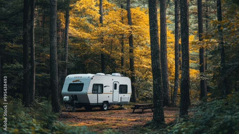 A travel trailer parked in a cozy woodland area, surrounded by tall trees A travel trailer parked in a cozy woodland area, surrounded by tall trees