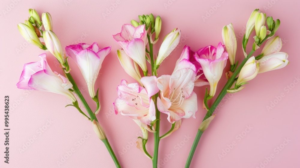Fototapeta premium Freesia blooms on pink backdrop
