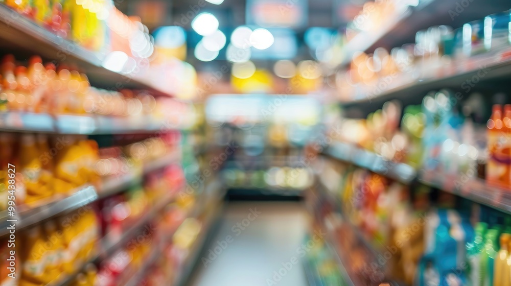 Supermarket product shelf with blurred background and bokeh effect Supermarket product shelf with blurred background and bokeh effect
