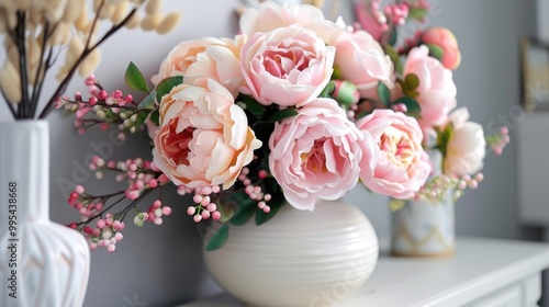 Spring themed home decor with plastic roses and peonies