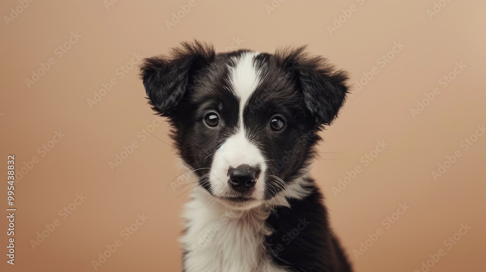 Studio portrait of a one month old Border Collie puppy on beige background Studio portrait of a one month old Border Collie puppy on beige background