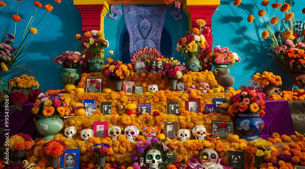 Colorful Day of the Dead Altar with Skulls and Flowers - Illustration Colorful Day of the Dead Altar with Skulls and Flowers - Illustration