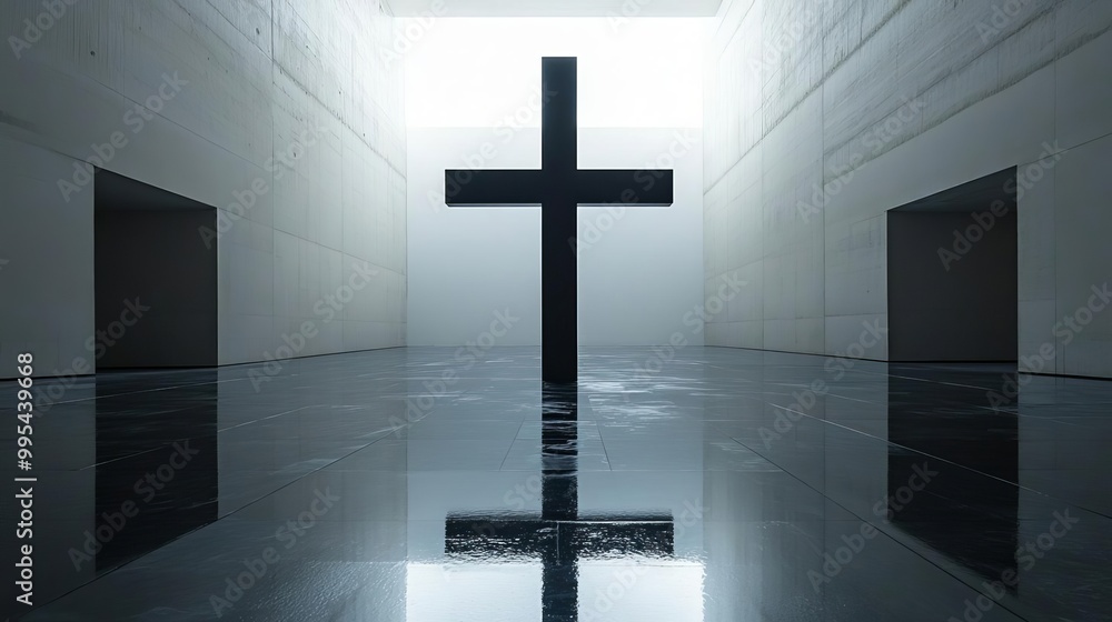 Naklejka premium Simple black cross at the center of a white space, embodying a minimalist design with a focus on modern style and simple layout