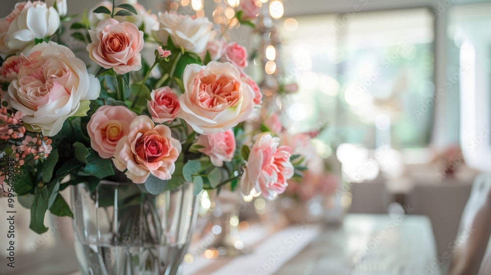 Spring themed home decor with plastic roses and peonies Spring themed home decor with plastic roses and peonies