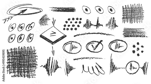 Charcoal pencil hand drawing curly lines, splash, squiggles and shapes. Black elements on white background. Grunge chalk crayon scribbles doodles textures. Rough crayon strokes. Vector illustration