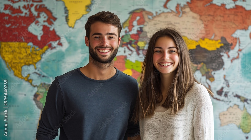 Smiling young man and woman standing in front of a world map. This is a studio shoot with a vibrant background, a newlywed couple planning a trip around the world. Smiling young man and woman standing in front of a world map. This is a studio shoot with a vibrant background, a newlywed couple planning a trip around the world.