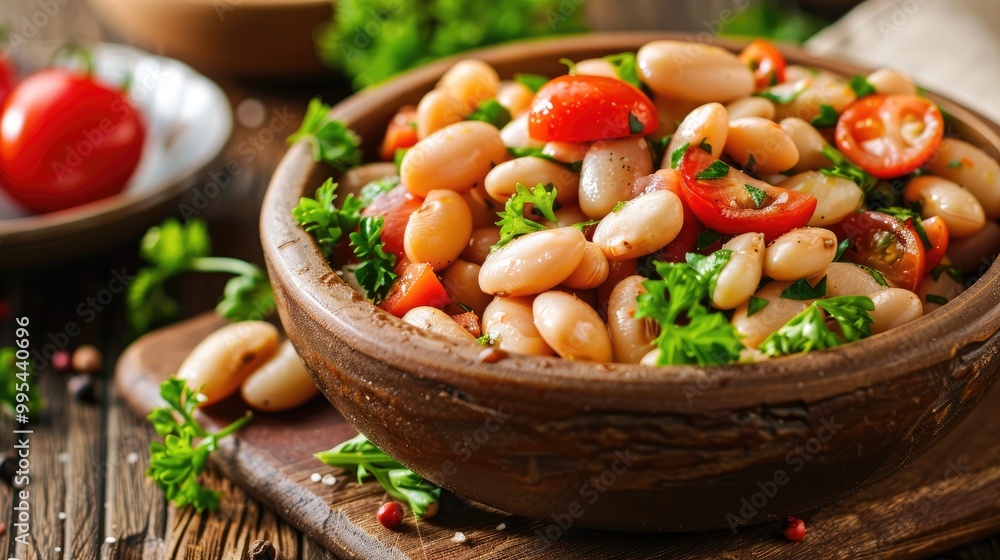 Fresh and Healthy Salad with White Beans and Tomatoes on Table Fresh and Healthy Salad with White Beans and Tomatoes on Table