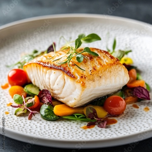 A beautifully plated piece of grilled fish served atop a colorful medley of fresh vegetables, garnished with microgreens and vibrant herbs. photo