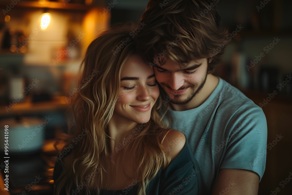 A warm intimate moment between a smiling couple in a cozy setting, exuding love and connection. A warm intimate moment between a smiling couple in a cozy setting, exuding love and connection.