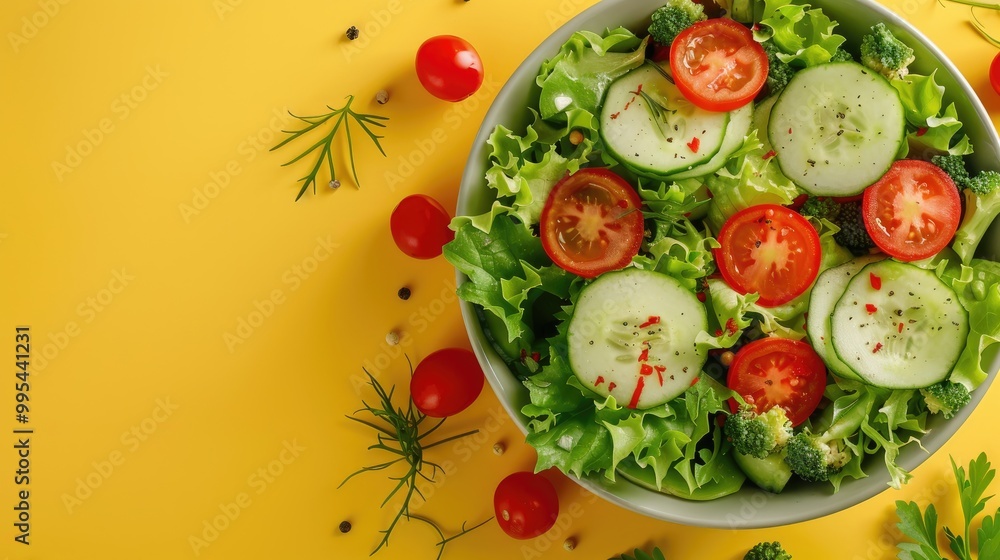 Healthy Lifestyle Concept Organic Salad with Tomatoes and Cucumbers on Yellow Background Healthy Lifestyle Concept Organic Salad with Tomatoes and Cucumbers on Yellow Background