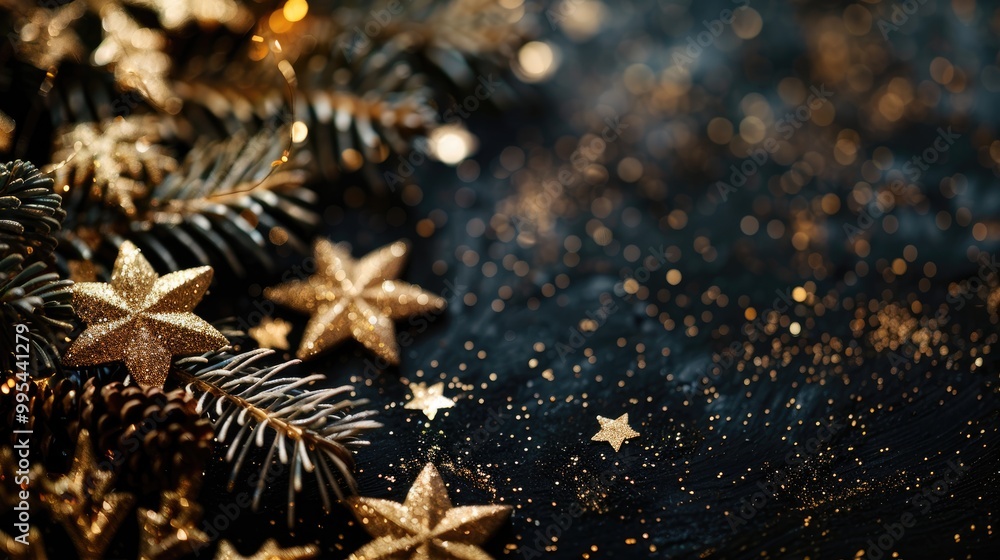 Festive gold decorations on black background with glitter stars Festive gold decorations on black background with glitter stars