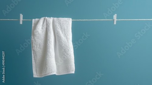 Towel hanging on bathroom clothesline for text placement photo