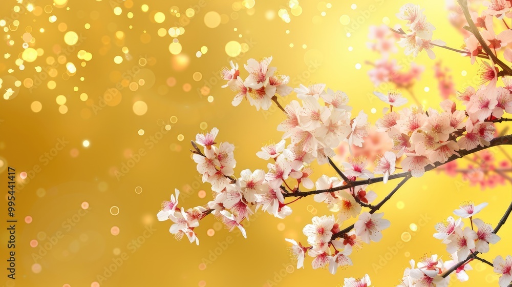 Fototapeta premium Spring cherry blossoms tree over yellow background