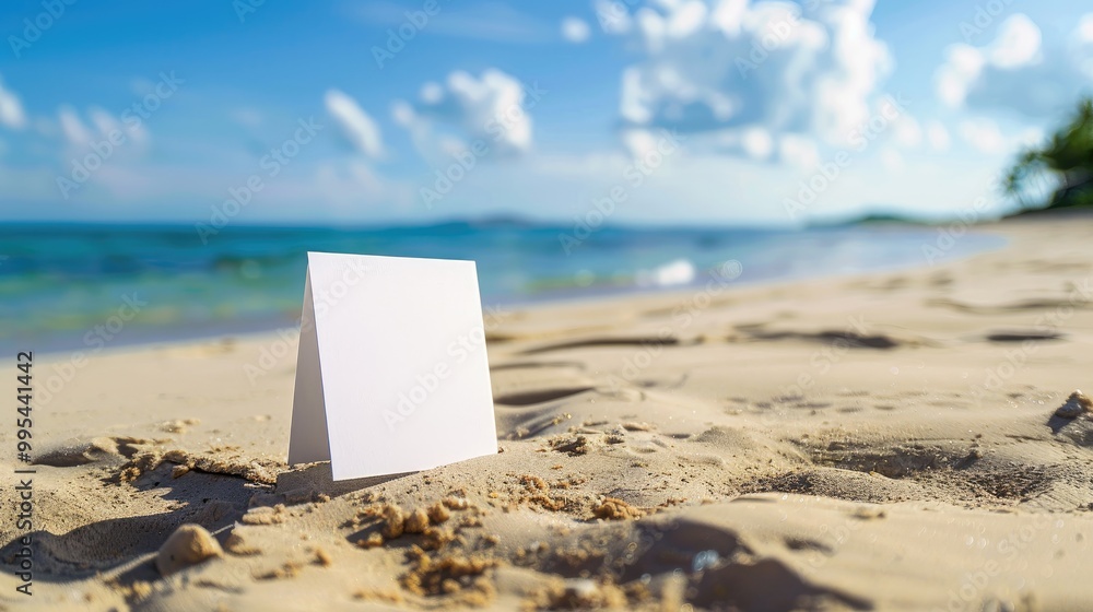 Empty white card on sandy beach Summer backdrop Empty white card on sandy beach Summer backdrop