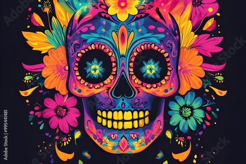 Day of the dead 3D illustration sugar skull or halloween holiday. Traditional mexican music festival, fun bright dance characters. Halloween Dia De Los Muertos