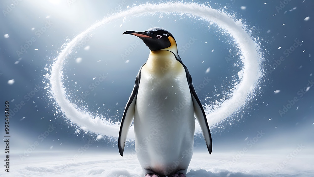 Obraz premium This striking photograph captures the dramatic and serene beauty of a penguin standing amidst a heavy snowstorm.