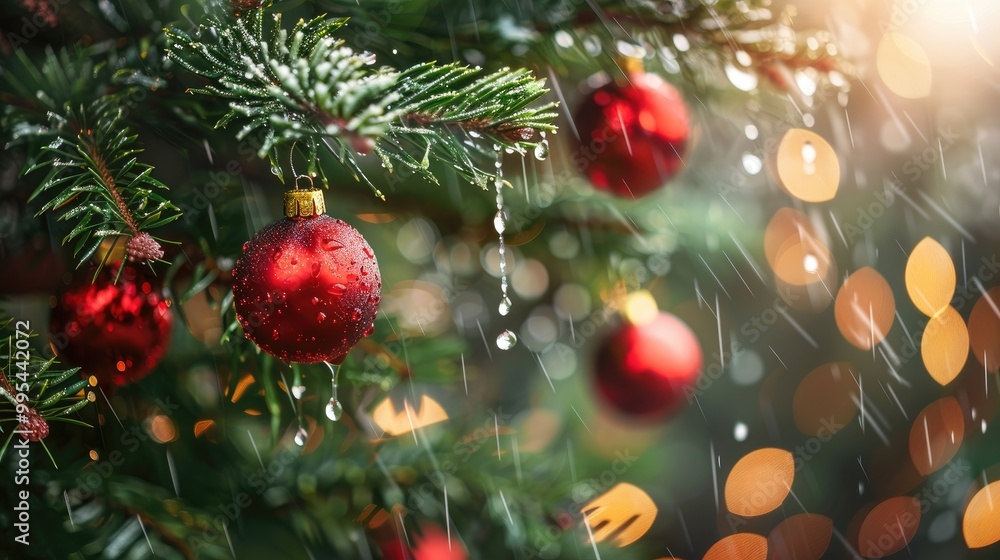 Festive holiday decorations with New Year rain Festive holiday decorations with New Year rain
