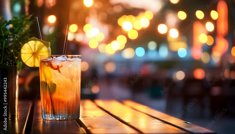 inviting outdoor bar ambiance with cocktails and warm bokeh lights in the background