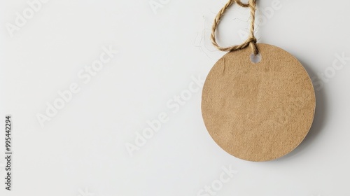 Tag with brown paper circle on white backdrop photo