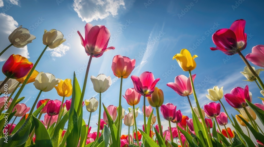 Field of colorful tulips reaching to the sky Field of colorful tulips reaching to the sky