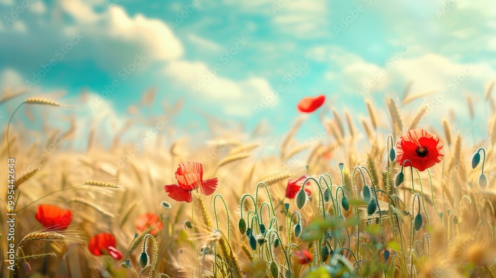 Naklejka premium Field of wheat and poppies Natural landscape view