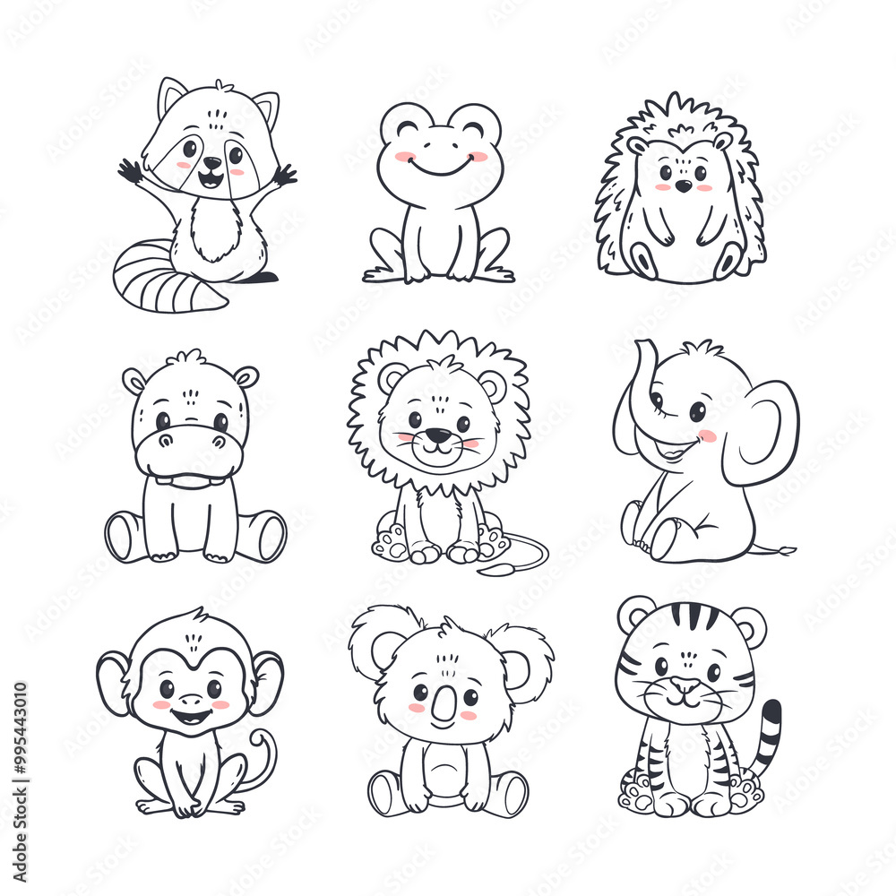 Set of cartoon cute animals including lion, tiger, hippopotamus, monkey, hedgehog, koala, raccoon, frog and elephant. Jungle and forest animals for magazines, postcards. Set of cartoon cute animals including lion, tiger, hippopotamus, monkey, hedgehog, koala, raccoon, frog and elephant. Jungle and forest animals for magazines, postcards.