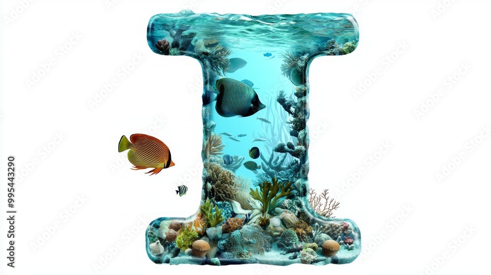 Fototapeta premium artistic representation showcases the letter I, designed as a clear aquarium filled with colorful fish and marine life, set against a bright white background.