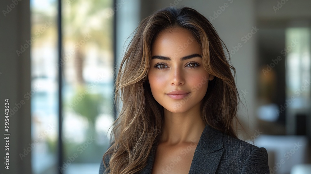 Portrait of a beautiful woman with long brown hair, wearing a blazer, smiling at the camera. Portrait of a beautiful woman with long brown hair, wearing a blazer, smiling at the camera.