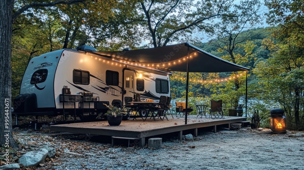 A travel trailer with an awning set up, ready for a relaxing outdoor meal at a campsite A travel trailer with an awning set up, ready for a relaxing outdoor meal at a campsite