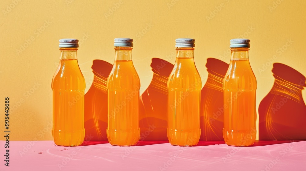 Four orange juice bottles on simple backdrop Four orange juice bottles on simple backdrop