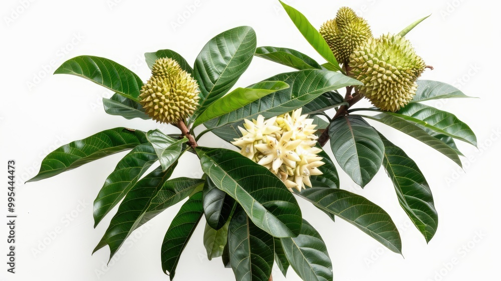 Obraz premium Top view of Asian Durian tree with flower and leaves on white background