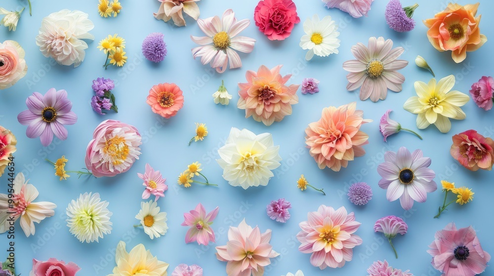 Top view of flowers in pink yellow and purple arranged on pastel blue backdrop flat lay Top view of flowers in pink yellow and purple arranged on pastel blue backdrop flat lay