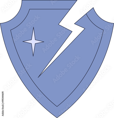 A blue shield with a crack and a star, symbolizing vulnerability and protection.