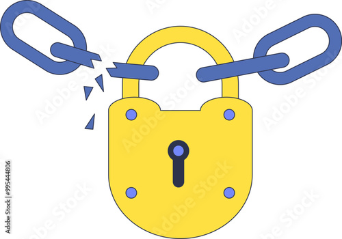A yellow padlock with a broken blue chain symbolizes security breach or vulnerability.