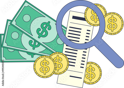 A magnifying glass over a receipt or bill with small icons of coins and dollar bills, symbolizing financial scrutiny and expense analysis.