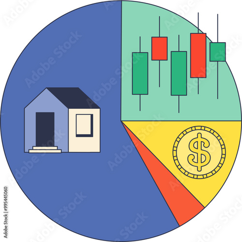 A pie chart divided into several colorful segments, each representing different asset classes: real estate, stocks, and cash.