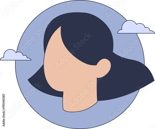 A serene face encapsulated within a circle, surrounded by clouds, symbolizing calmness and tranquility.